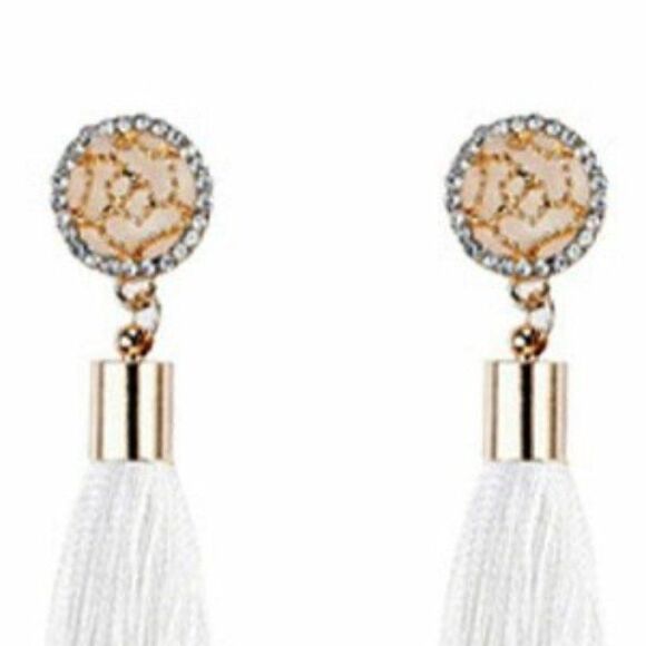 5/$25 White Tassel Fringe Rhinestone Earrings - Picture 2 of 6